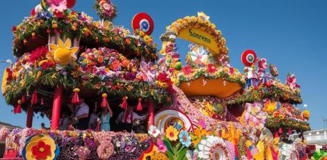 Carro allegorico floreale a Sanremo, ricco di colori e decorazioni.